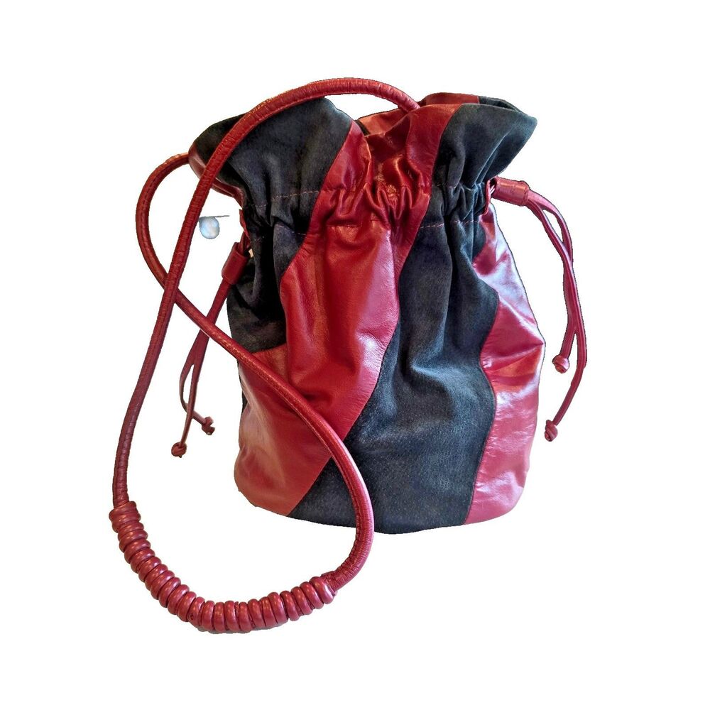 Maria Filó Brazil Red Black Leather Suede Drawstring Bucket Boho Bag Y2K
